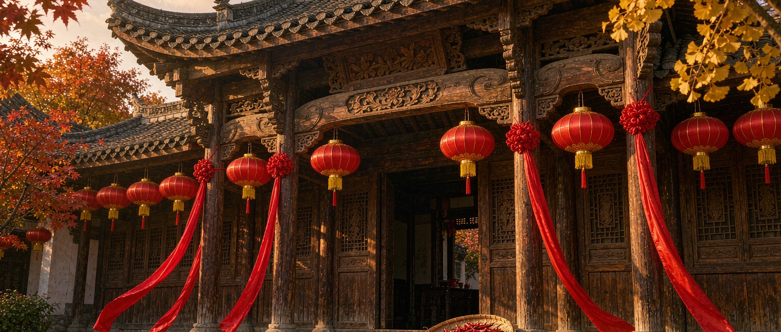 湘西土家老宅门楼挂红灯笼与红绸的节日插画（AI 绘制，非景区实景）